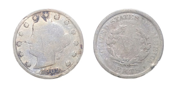 1909 American Liberty Head V Nickel 5 Cent Piece VG Good 5c US Coin Collectible front obverse and back reverse side isolated on white background