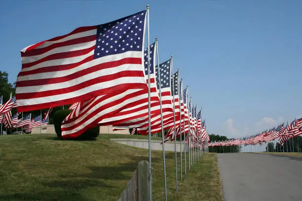 Memorial Day American flags waving at a park in Missouri