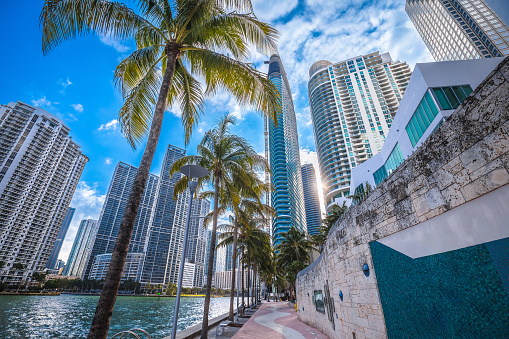 Miami Brickell waterfront walkway and skyline view, Florida state of USA