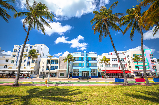 Miami South Beach Ocean Drive colorful Art Deco street architecture view, Florida state in United States of America