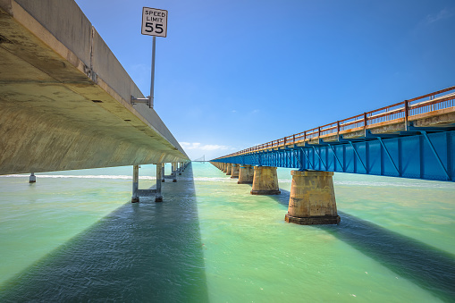 Seven Mile Bridges old and new in Marathon, U. S. Route 1 in Florida Keys, south Florida, United States of America