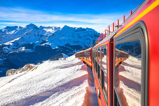 Eigergletscher alpine railway to Jungrafujoch peak view from train, Berner Oberland region of Switzerland