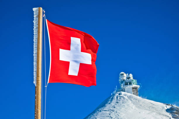 istock Swiss flag on Jungfraujoch peak view 1986091892