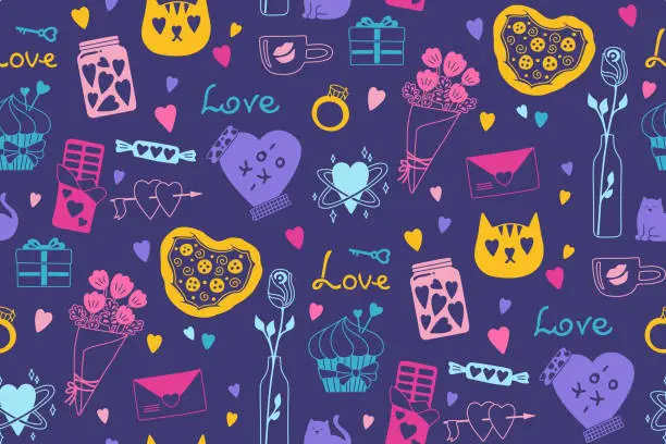 Vector illustration of Valentines Day romantic elements seamless pattern cute abstract doodle drawings boundless background