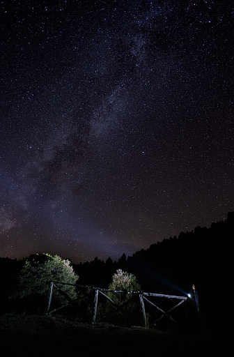 girl at night pointing with torch at the milky way in the mountains