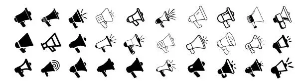 Vector illustration of Megaphone icons set. Announcement symbol. Thin line icon on white background