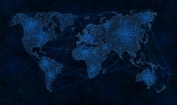 World Map on Night Sky Universe Wold Map on Night Sky Universe, Global Network and Communications Concept global banner pictures stock pictures, royalty-free photos & images