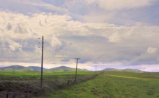View of line of telephone poles towering over a long fence in the Central Valley of California. Photographed near Highway 5 in early spring. Green grass and wildflowers are visible, as are dramatic cloud formations in the sky above. In the distance are visible the foothills of the Sierra Nevada Mountains. A patch of yellow sunlight dances in the field in the right of the image as a shaft breaks through the clouds.