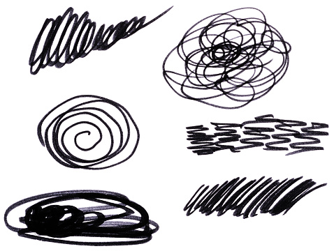 Drawn doodles and chaotic circles on a white background with a black felt-tip pen
