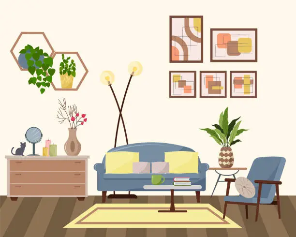 Vector illustration of Living room interior, modern design. Sofa and floor lamp. Nightstand with vase and mirror, candles and figurines.