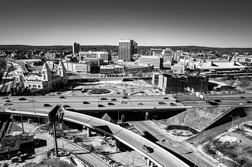 Black and white drone image of Worcester, MA in February