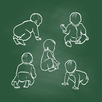 Six month old baby learning to crawl and sit on his/her own.  Variety of poses in this vector sketch illustrations
