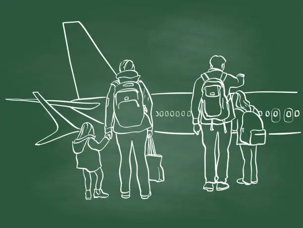Vector illustration of Airport Family Looking At Planes Chalkboard