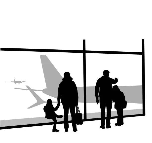 Vector illustration of Airport Family Looking At Planes Silhouetttes