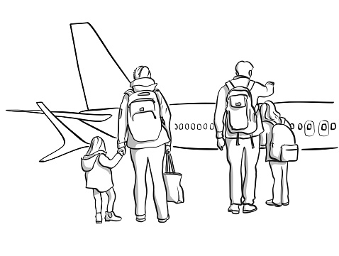 Family travelling and looking at a commercial airplane they are about to board