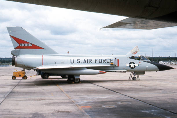Convair F-106A Delta Dart Interceptor jet airplane parked. Scanned film, 1968.