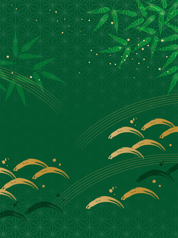 Japanese style background with bamboo and Japanese pattern_Green_Vertical (3:4)
​