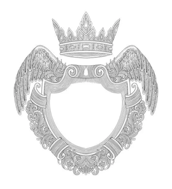 Vector illustration of antique frame with crown, floral ornament and angel wing, vintage engraving vector illustration