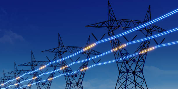 istock High voltage electric transmission tower with glowing current line 1986220428