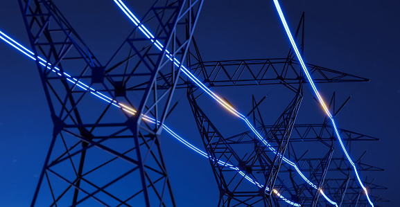 High voltage electric transmission tower with glowing current line