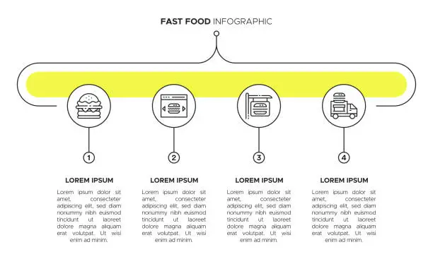Vector illustration of Fast Food Icons Infographic Template: Hamburger, Pizza, Soda, Fries