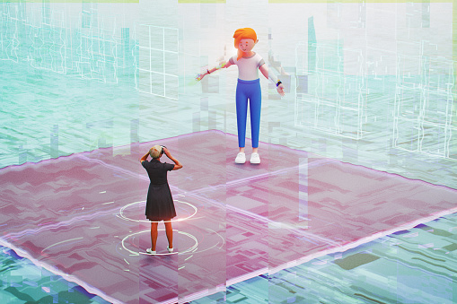 Woman interacting with avatar in VR environment. 3D generated image.