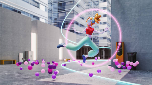 Augmented reality vibrant glowing avatar on the street. 3D generated image.