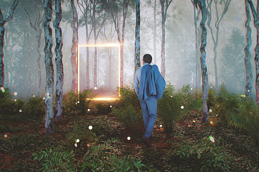 Businessman walking in forest with mysterious portal. 3D generated image.