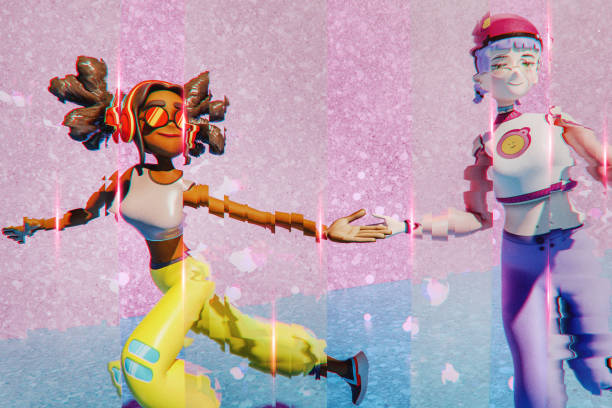 Avatars of best friends dancing in virtual reality environment. 3D generated image.