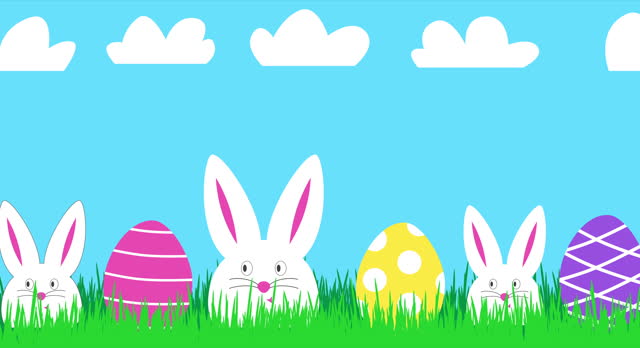 Happy Easter animated banner with three funny white rabbits and colorful Easter eggs. Easter cute bunny in green grass. Festive Easter video in bright colors
