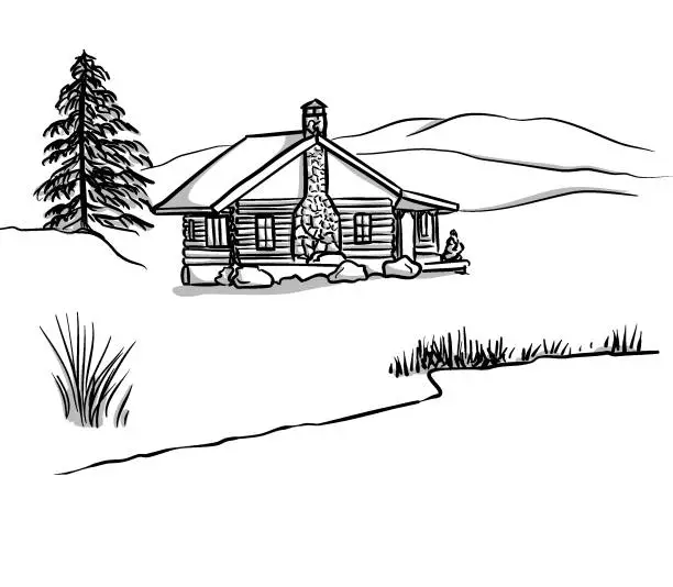 Vector illustration of Log House Western Sketch