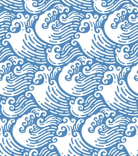 Vector illustration of seamless pattern of Japanese  wave in doodle design