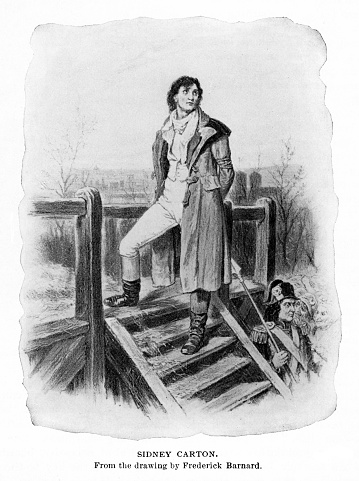 Sidney Carton, a fictional character in A Tale of Two Cities by British author Charles Dickens. Illustration published 1894. Original edition is in my private collection. Copyright is in public domain.