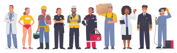 Vector illustration of Set of characters of men and women of various professions. People working in various fields of work. Occupation