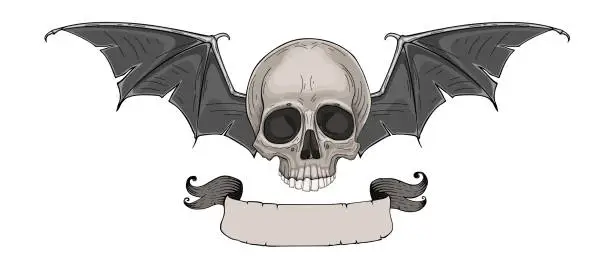 Vector illustration of Skull with Bat Wings. Vector illustration, tattoo sketch, emblem
