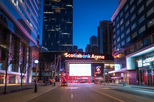 Toronto, Ontario, Canada - February 03, 2024:  Scotiabank Arena is a facility in downtown Toronto that hosts professional hockey and basketball team.  The NHL's Toronto Maple Leafs play hockey here while the NBA's Toronto Raptors play basketball.    On this night, Toronto was hosting annual NHL All Star Activities.