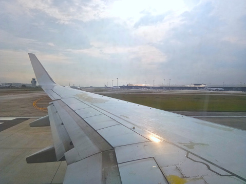 View of the turbofan airplane wing and winglet