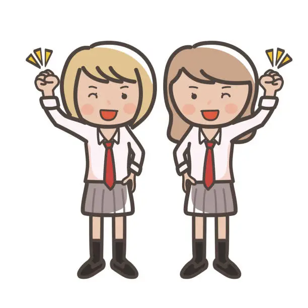Vector illustration of Illustration of two cute high school girls who are smiling and doing a fist pump