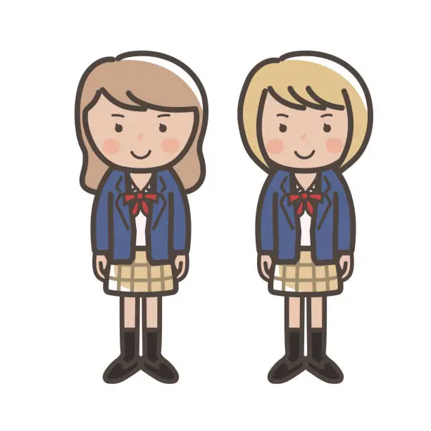 Vector illustration of Illustration of two cute gal-style high school girls in winter uniforms