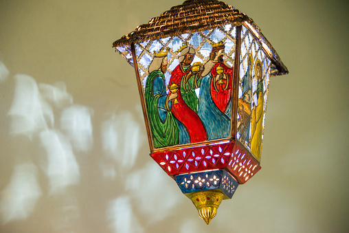 brass lamp with colorful hand painted glass Mexican crafts