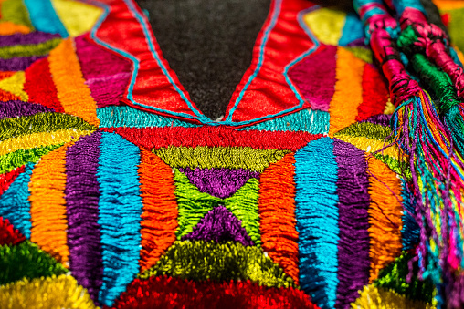 embroidered on wool multicolored flowers and frets in a beautiful traditional Mexican sarape