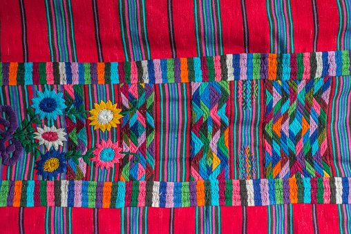 Vibrant Mexican Red-Yellow-Blue Blanket (Close-Up Full Frame)