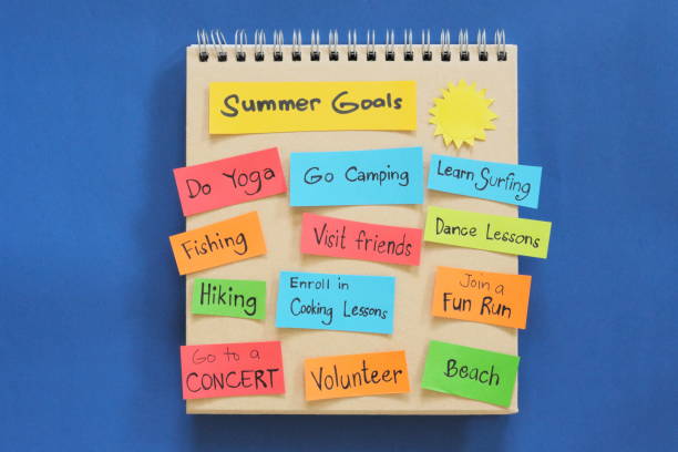 Summer goals concept. Checklist of goals in note pad in blue background with copy space.