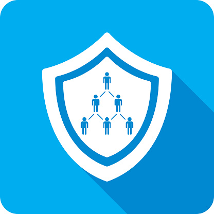 Vector illustration of a shield with businessmen in a pyramid shape against a blue background in flat style.