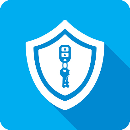 Vector illustration of a shield with car keys icon against a blue background in flat style.