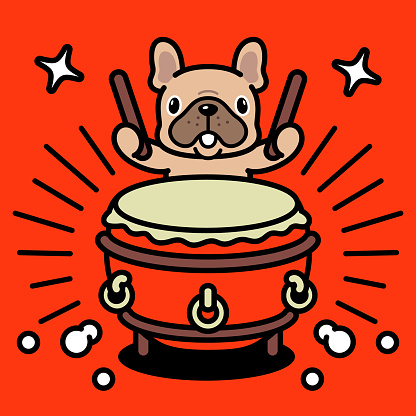 Cartoon Animal Characters Design Vector Art Illustration. 
A cute French bulldog is playing the traditional Chinese drum, or Chinese bass drum.