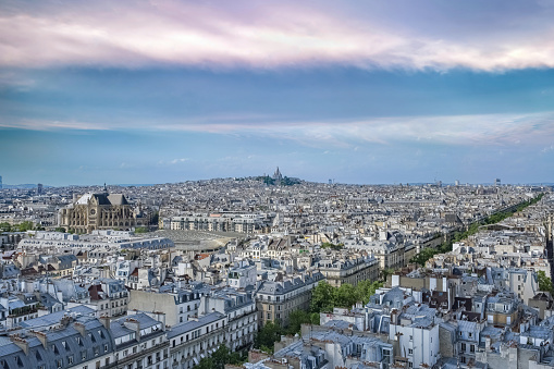 Paris, aerial view of the city, with the Saint-Eustache church, and Montmartre in background