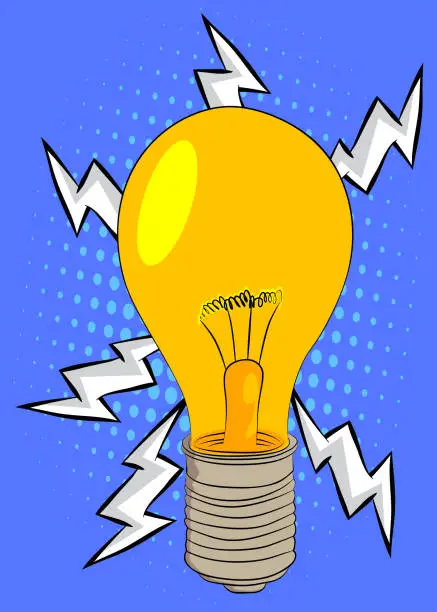 Vector illustration of Cartoon Light Bulb, comic book Idea. Retro vector comics pop art design.