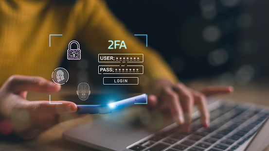 2FA increases the security of your account, a Two-Factor Authentication futuristic virtual interface screen displaying a 2FA concept, Privacy protects data and cybersecurity.