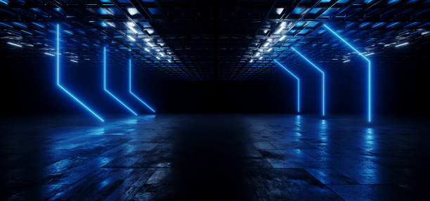 istock Neon Futuristic Cyber Glowing Warehoue Dark Basement Blue Laser Lights Empty Space Stage Showroom Cement Grunge Metal Ceiling Corridor 3D Rendering 1986698544